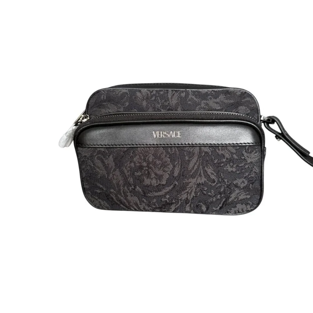 Versace Black Jacquard Fabric and Leather Shoulder Messenger Crossbody, 1012856‎